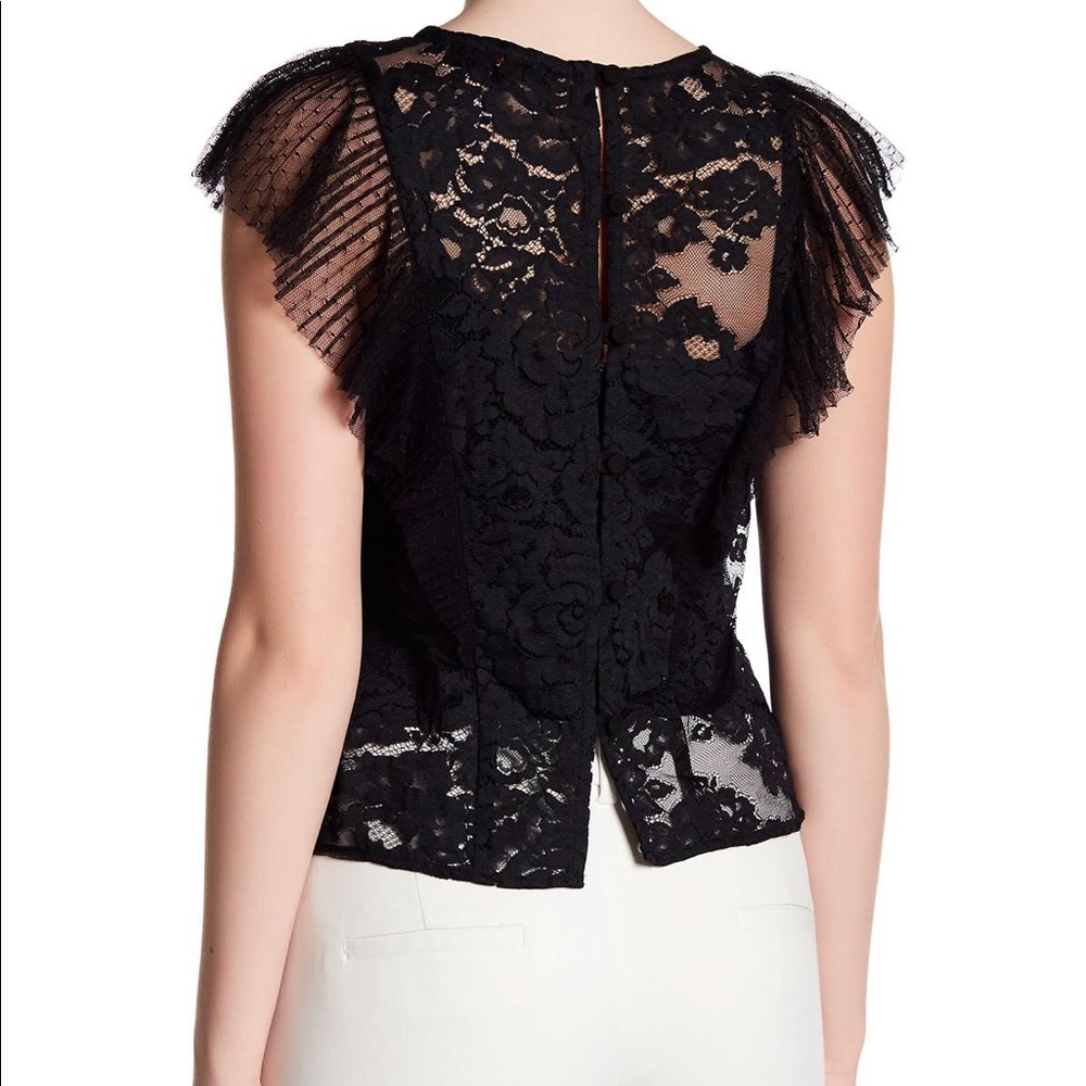 Pleated Ruffled Lace Blouse Button ABS Allen Schwartz